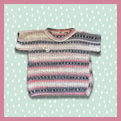 Grey and pink striped short-sleeve sweater