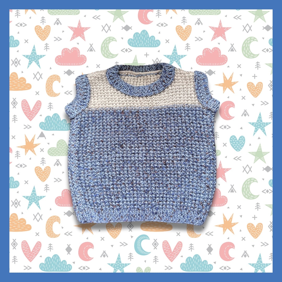 Sleeveless sweater, blue and light gray