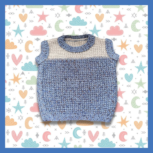 Sleeveless sweater, blue and light gray