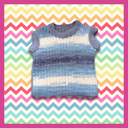 Sleeveless sweater with blue, white, gray