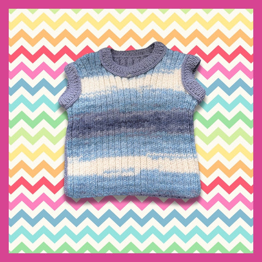 Sleeveless sweater with blue, white, gray