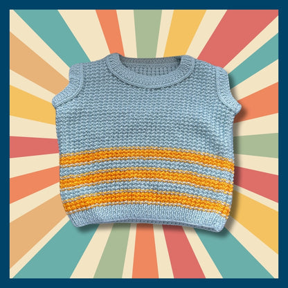 Light blue, orange striped sleeveless sweater