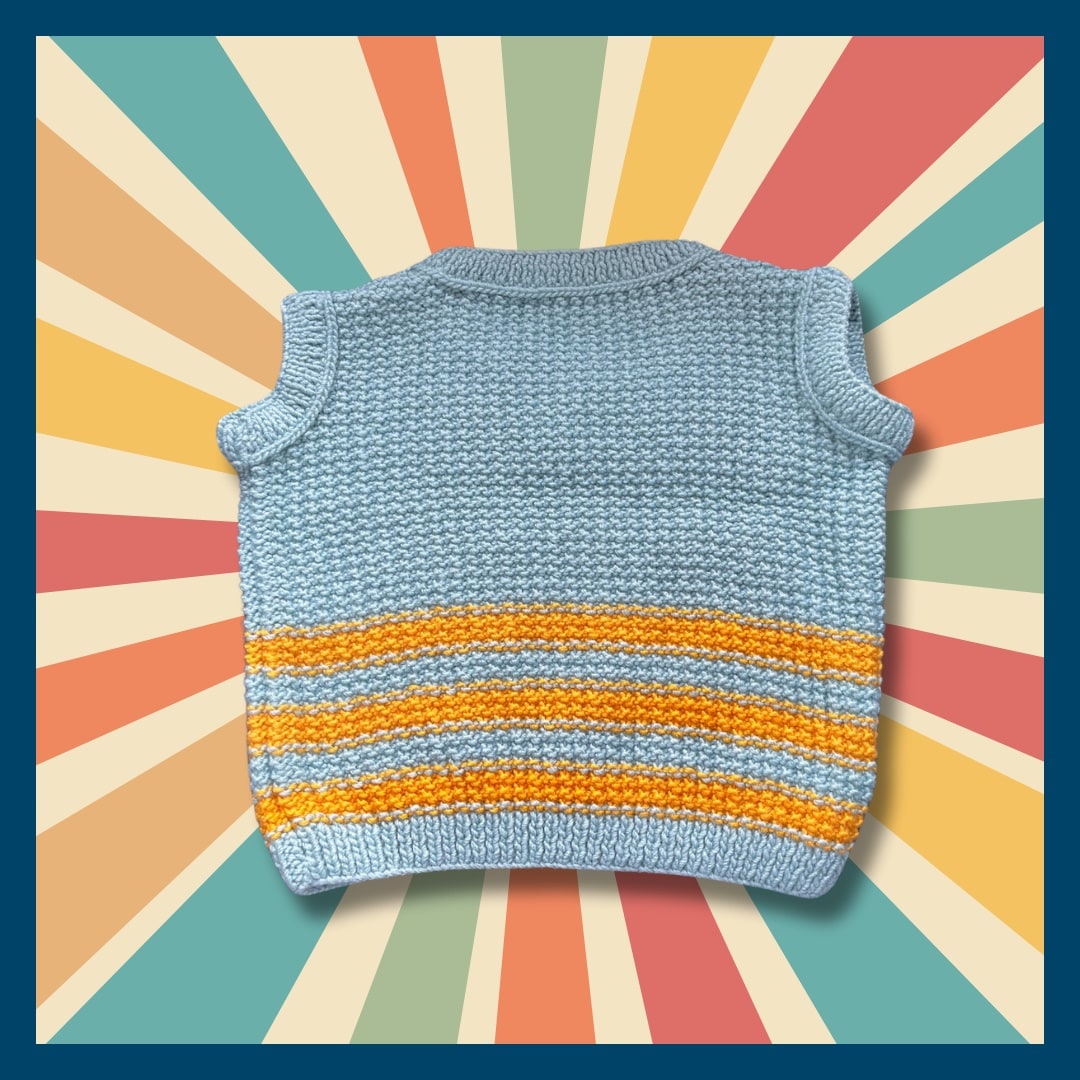 Light blue, orange striped sleeveless sweater