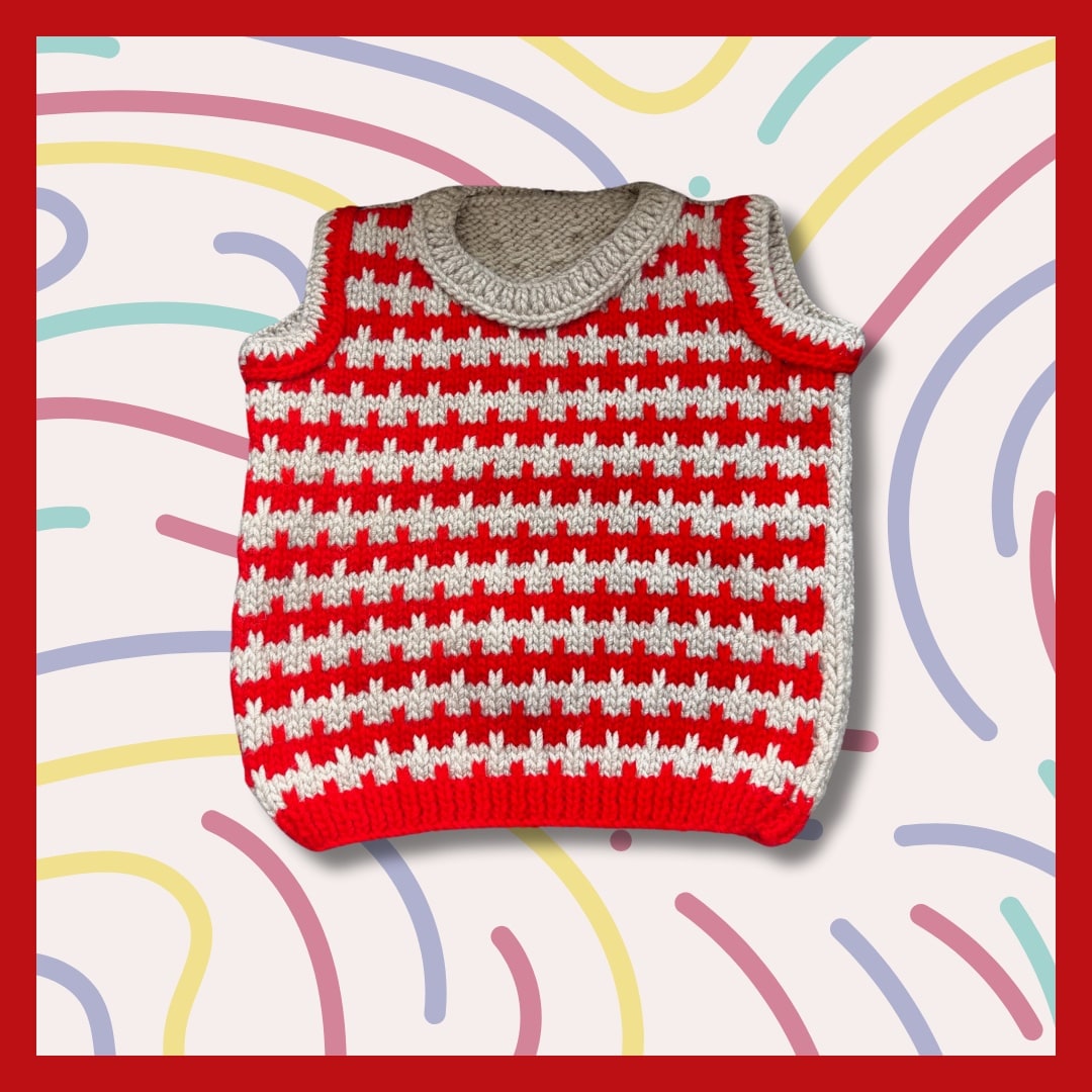 Sleeveless red and light gray sweater