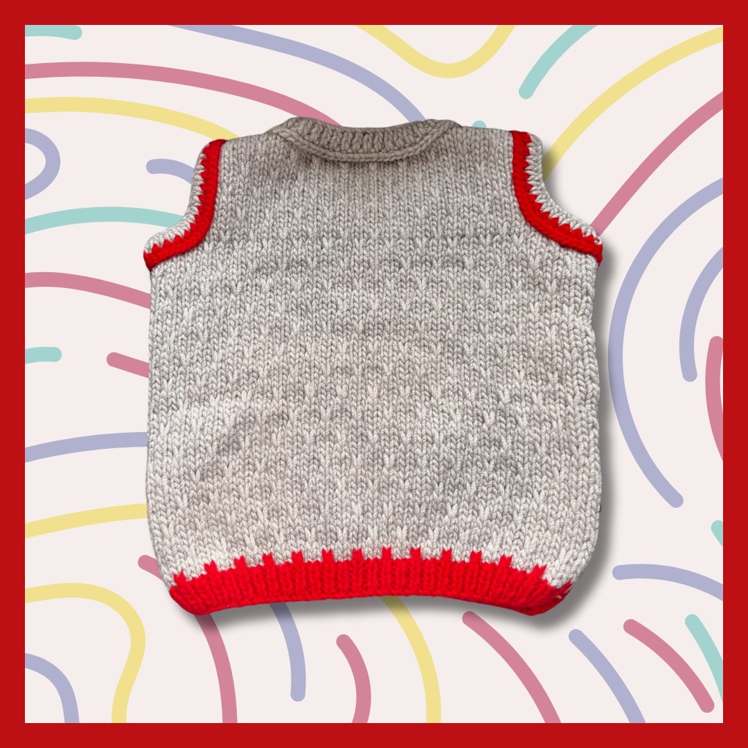 Sleeveless red and light gray sweater