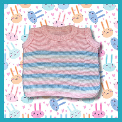 Pink sweater with white and blue stripes