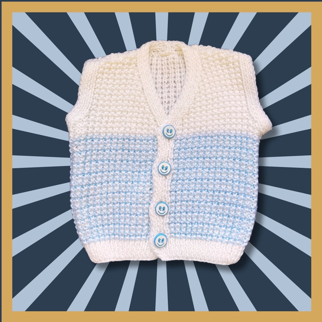 White and blue baby cardigan, 1 month