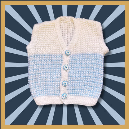 White and blue baby cardigan, 1 month