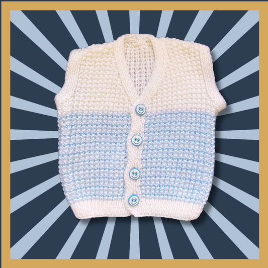 White and blue baby cardigan, 1 month
