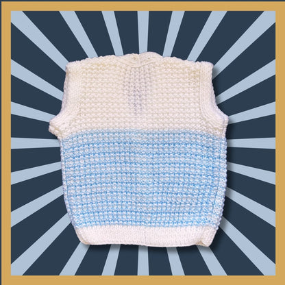 White and blue baby cardigan, 1 month